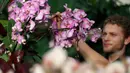Tom Forshaw, seorang magang Hortikultura, menata tanaman anggrek selama pratinjau pers festival anggrek di Kew Gardens, London, Kamis (7/2). Festival yang memamerkan keanekaragaman hayati itu dibuka untuk umum mulai 9 Februari 2019. (AP/Alastair Grant)