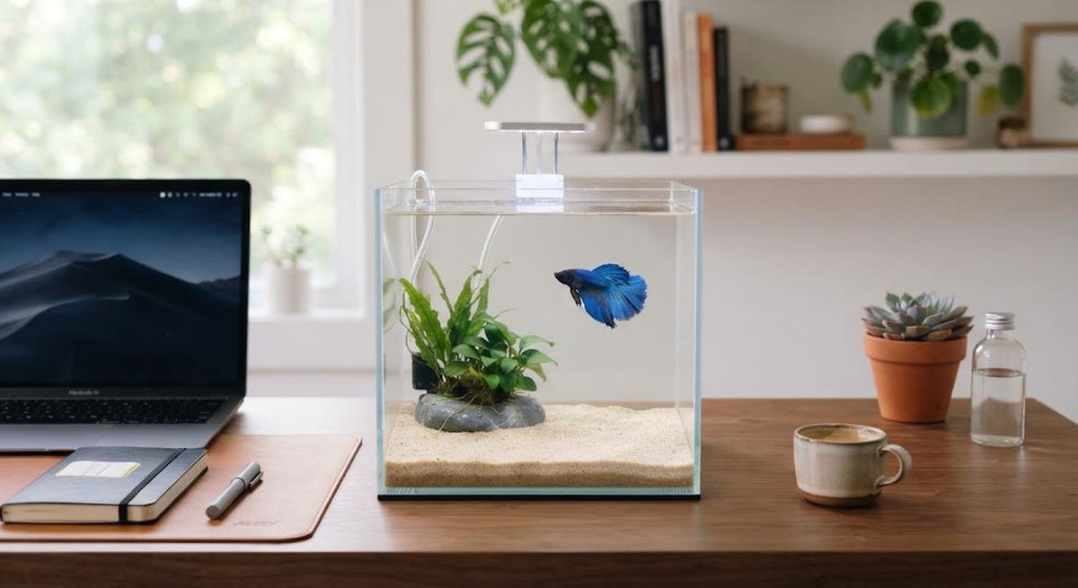 Ide akuarium mini untuk meja kerja model minimalis dengan pasir