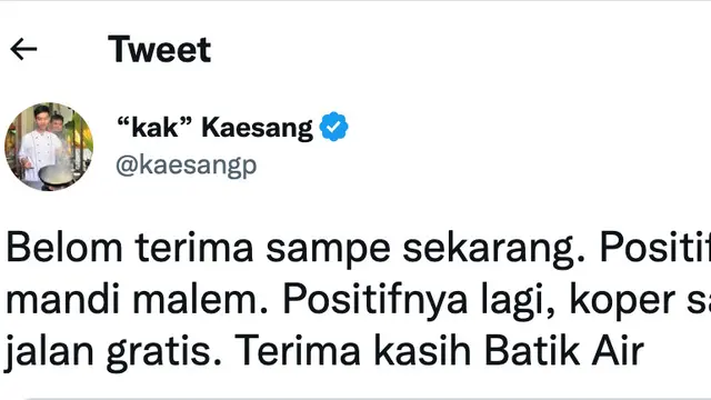 Cuitan Kaesang Pangarep soal kopernya nyasar ke Kualanamu, Medan. (Foto: Dok. Twitter @kaesangp)