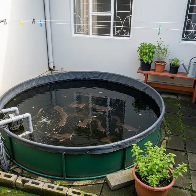 Budidaya Ikan Lele di Kolam Terpal Mini untuk Belakang Rumah Type 36 (AI Generated)