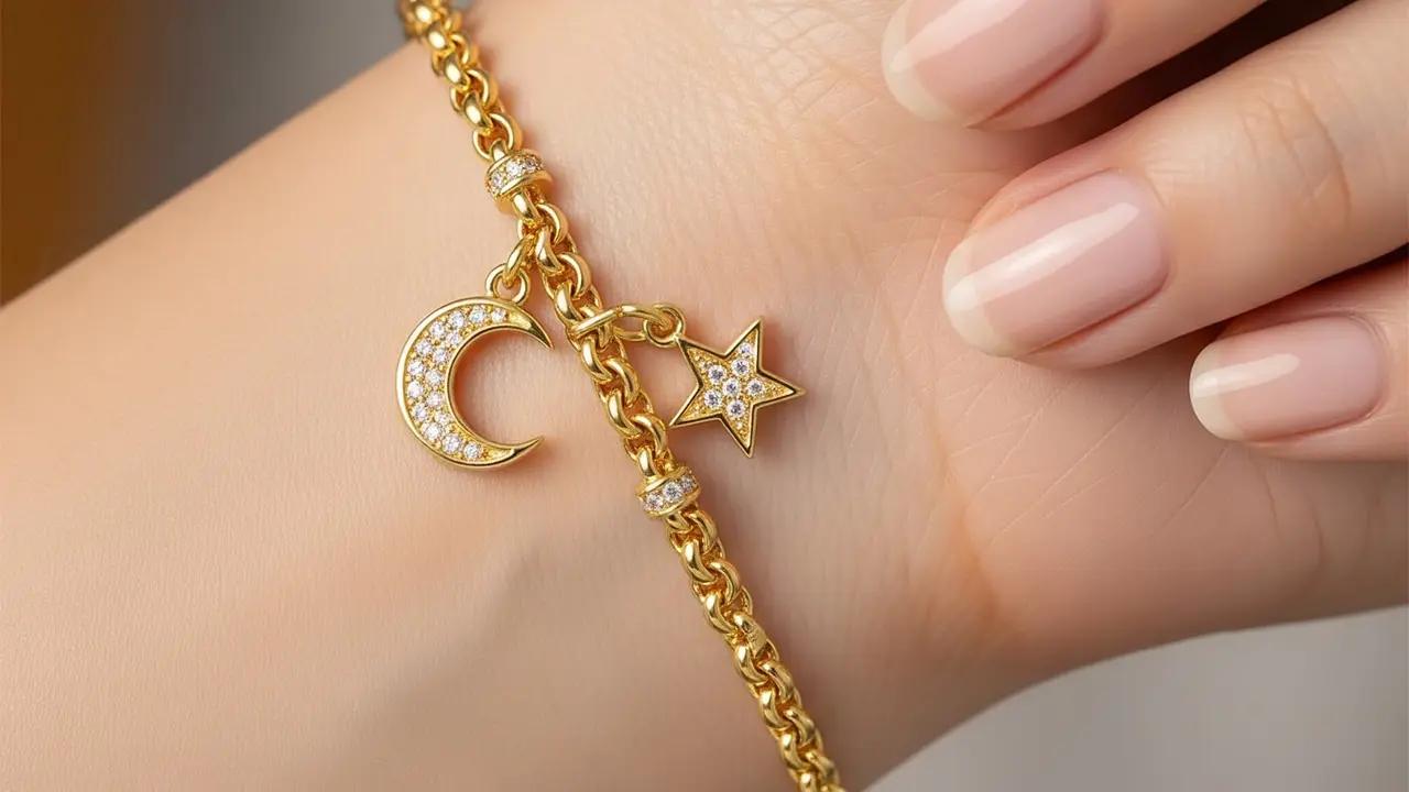 9 Model Gelang Emas Model Rolo Chain Kombinasi Liontin Bulan dan Bintang, Kilau Elegan