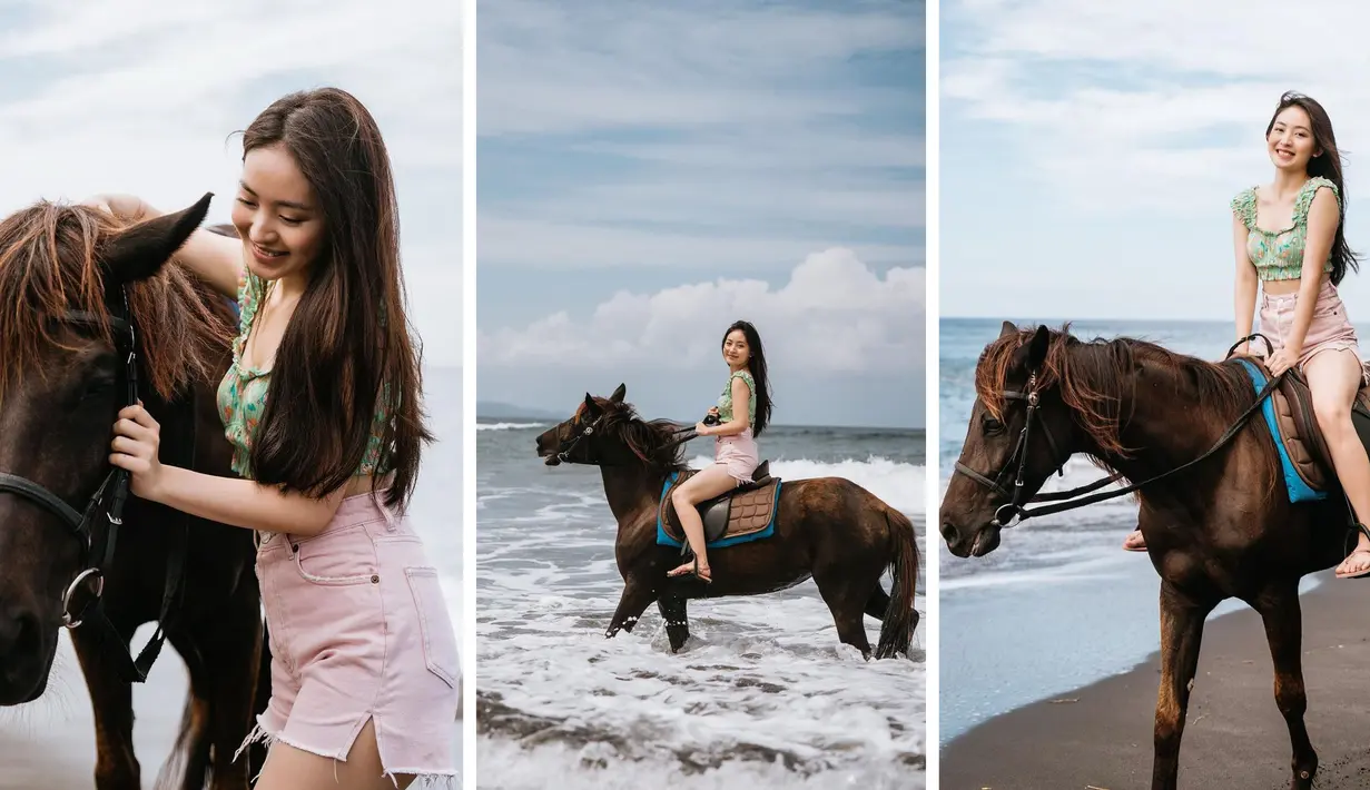 Foto kombinasi Natasha Wilona saat menunggang kuda di tepi pantai Bali. Mantan kekasih Verrel Bramasta itu terlihat sangat menikmati keindahan pantai dengan membawa kuda yang ditungganginya. (Instagram/natashawilona12)