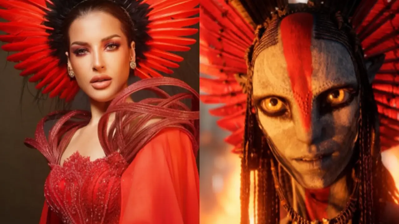 Tasya Farasya Dibalut Gaun Merah dan Headpiece Berbulu Layaknya Varang saat Premier Avatar. [@tasyafarasya]