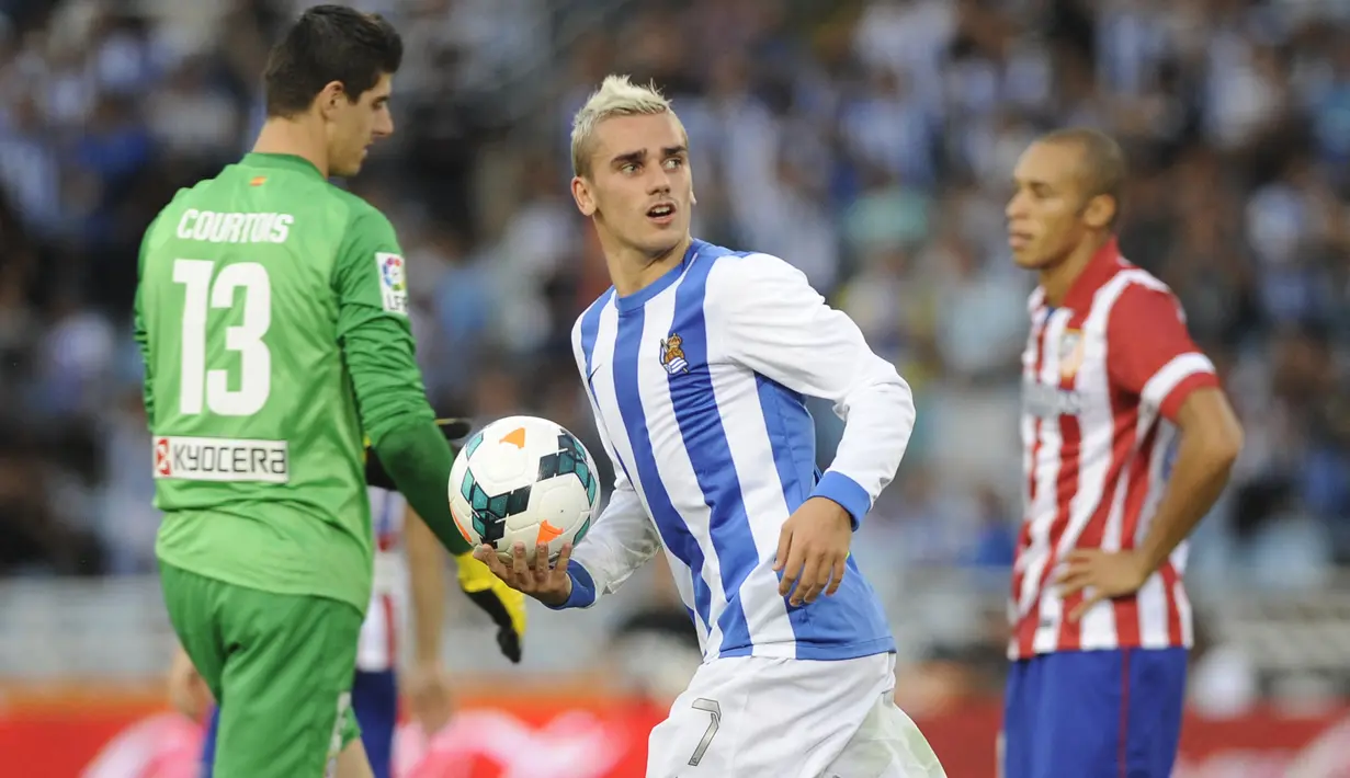 Antoine Griezmann. Pemain jebolan Akademi Real Sociedad ini total 4 musim memperkuat Real Sociedad mulai 2010/2011 hingga 2013/2014 dan tampil dalam 202 laga dengan torehan 52 gol dan 18 assist. Pada 2014/2015 ia dilepas ke Atletico Madrid dengan nilai 54 juta euro. (AFP/Rafa Rivas)