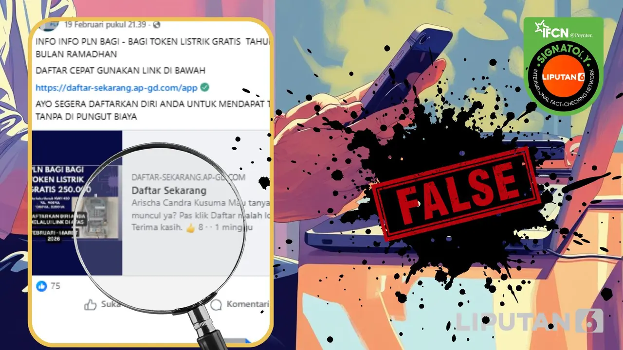 Cek Fakta Liputan6.com menangkap layar  klaim link pendaftaran PLN bagikan token listrik gratis dalam rangka Ramadan