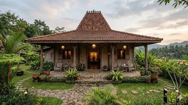 Rumah Joglo Sederhana dengan Teras dan Taman