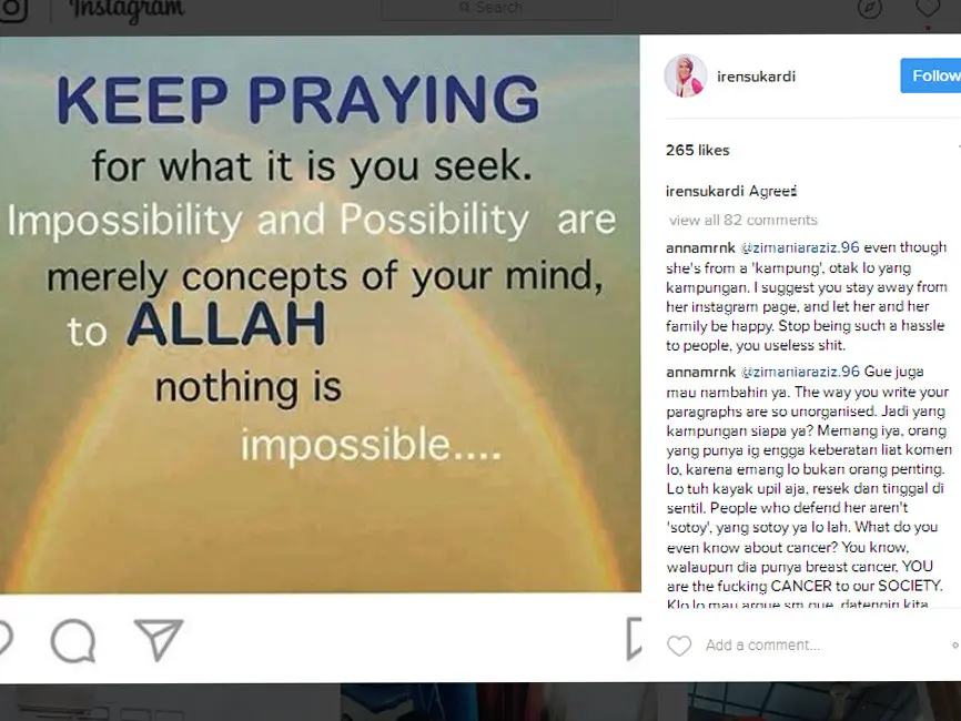 Foto ini menjadi unggahan terakhir Renita di akun Instagramnya. "Tetap berdoa untuk apa yang sedang kamu impikan. Kemungkinan dan Ketidakmungkinan hanya ada dalam pikiranmu, untuk Allah tidak ada yang tidak mungkin," kenang Renita. (Instagram/irensukardi)