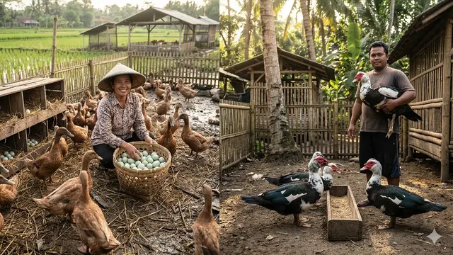 Perbandingan Ternak Itik dan Entok (Foto: Gemini AI)