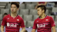 Kevin Sanjaya Sukamuljo/Marcus Fernaldi Gideon gagal meraih gelar Korea Terbuka Super Series 2017 setelah takluk 19-21 21-19 15-21 dari ganda Denmark, Mathias Boe/Carsten Mogensen, Minggu (17/9/2017). (Humas PBSI)