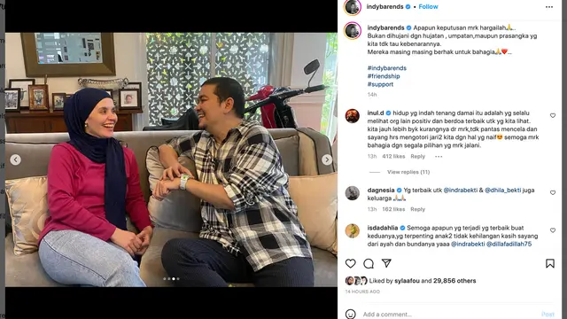 Indra Bekti dan Aldila Jelita dikabarkan damai. (Foto: Dok. Instagram @indybarends)