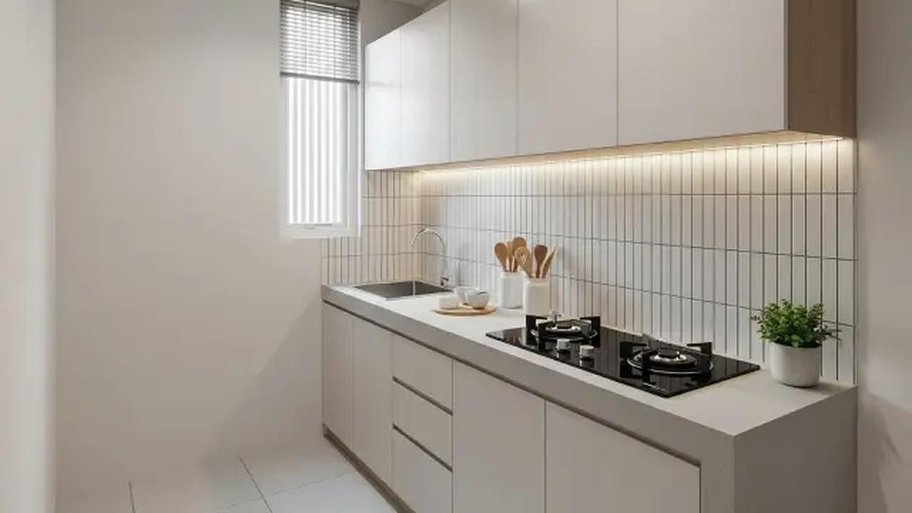 Dapur dengan Keramik Backsplash Vertikal/Dapur Rumah Type 21 Ukuran 1,5x2 meter dengan Kompor Tanam dan Meja Cor (Sumber: gemini.com)