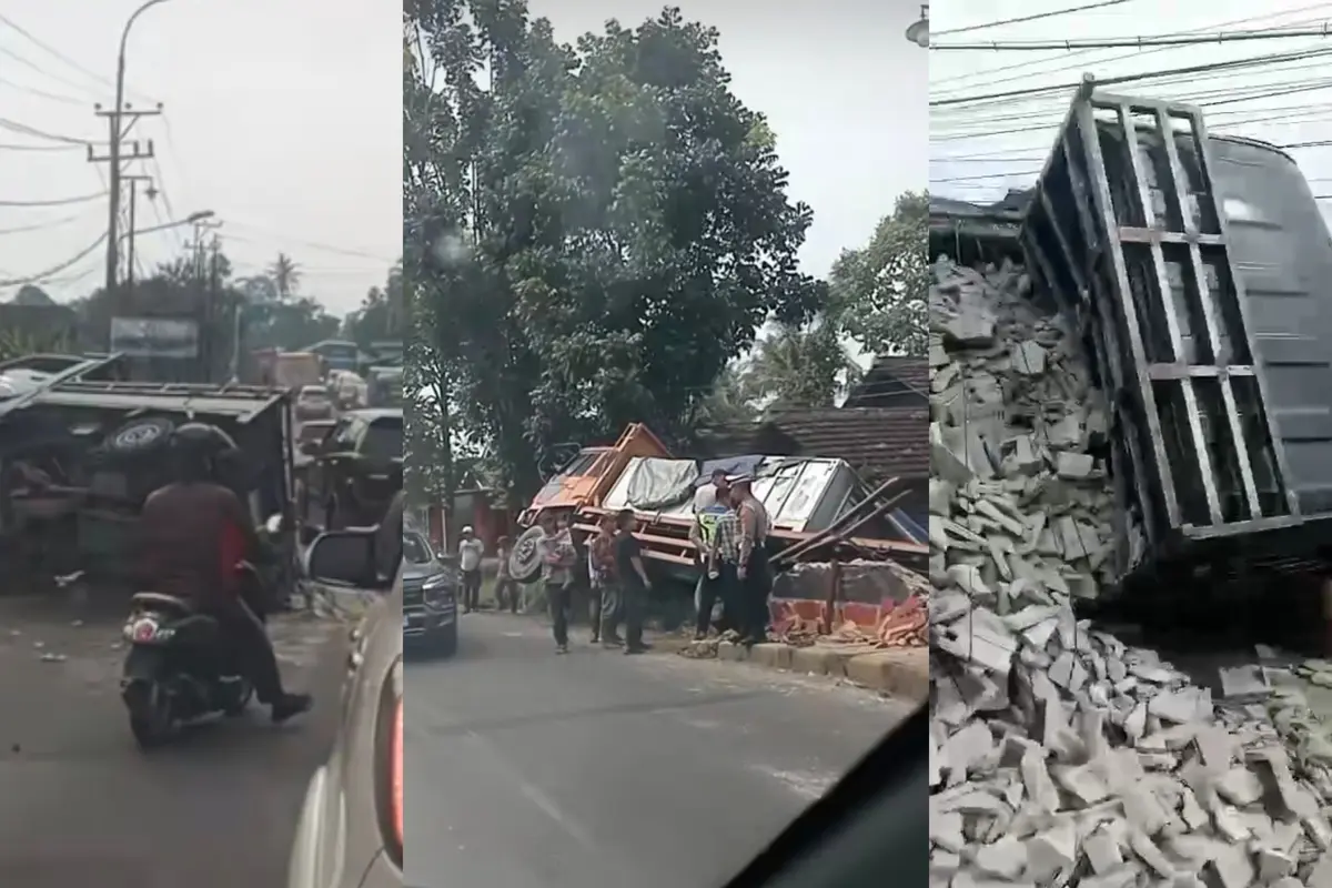 Detik-Detik Truk Fuso Rem Blong Tabrak Pikap Pengangkut Batako di Pesawaran, Kendaraan Terperosok ke Irigasi
