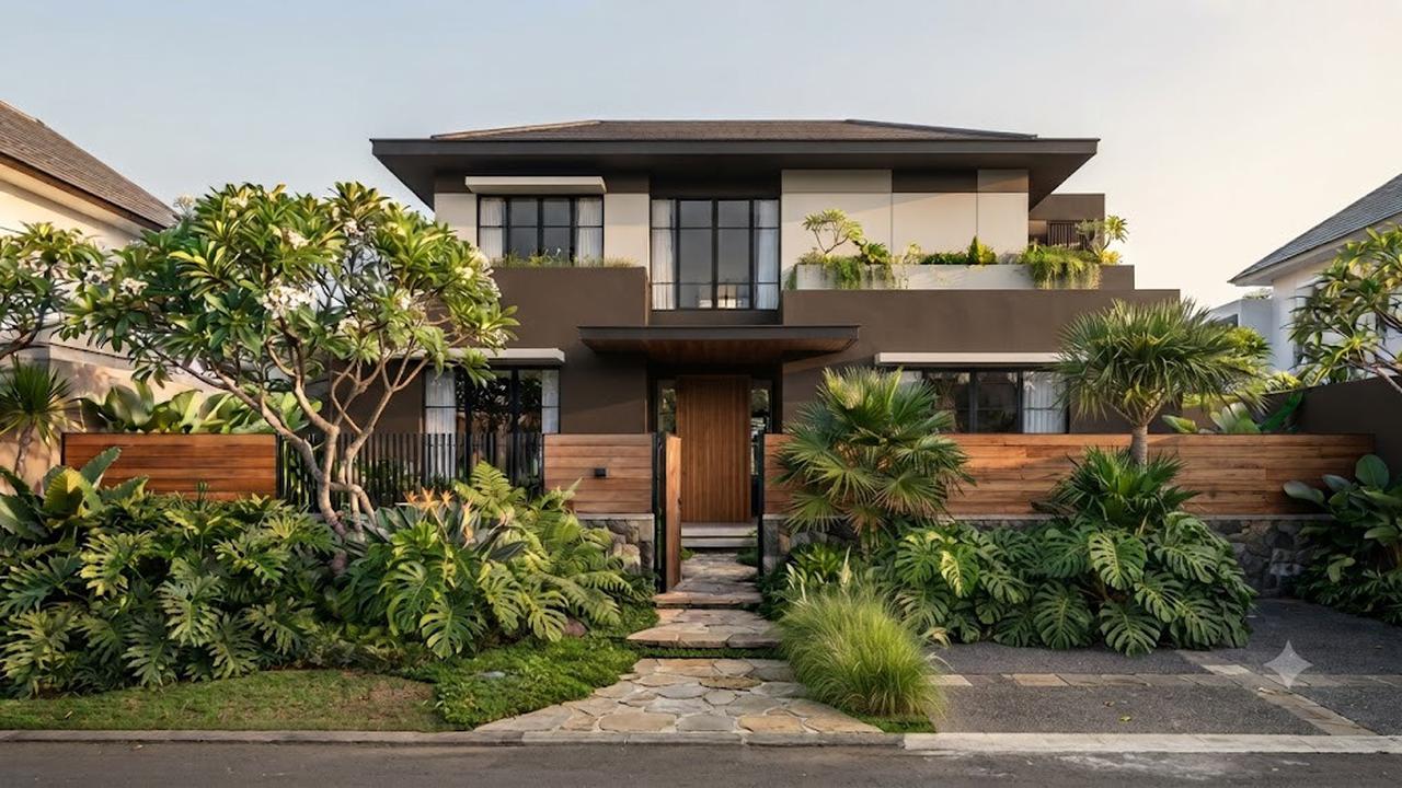Warna Cokelat Tua Cat Luar Rumah Dipadukan dengan Pagar Earthy