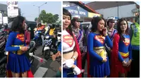 Supergirl bagikan pamflet tertib berlalu lintas di Yogyakarta (Liputan6.com/ Fathi Mahmud)