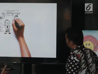 Tamu berjalan melintasi layar monitor yang menampilkan karikatur pemberantasan korupsi di lobi Gedung KPK, Jakarta, Selasa (20/3). Karikatur tersebut sebagai contoh proses pencegahan korupsi sejak dini. (Merdeka.com/Dwi Narwoko)