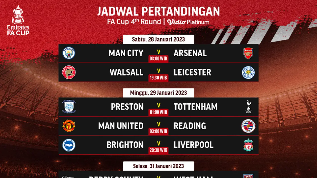 Jadwal dan Live Streaming Piala FA 2022/2023 Putaran Keempat di Vidio, 28-31 Januari 2023