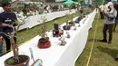 Deretan tanaman bonsai dipamerkan dalam pameran dan kontes di Lapangan Bola Chikal, Tapos, Depok, Jawa Barat, Minggu (4/12/2022). Penilaian tanaman bonsai mulai dari akar, gerak batang, hingga perantingan. (merdeka.com/Arie Basuki)