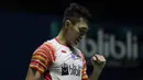 Tunggal putra Indonesia, Jonatan Christie, merayakan kemenangan atas Rasmus Gemke pada Blibli Indonesia Open 2019 di Istora Senayan, Jakarta, Selasa (16/7). Jojo menang 21-17 24-22. (Bola.com/Vitalis Yogi Trisna)