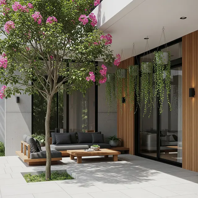 Model Teras Rumah Adem dengan Kombinasi Pohon dan Tanaman Gantung (AI)