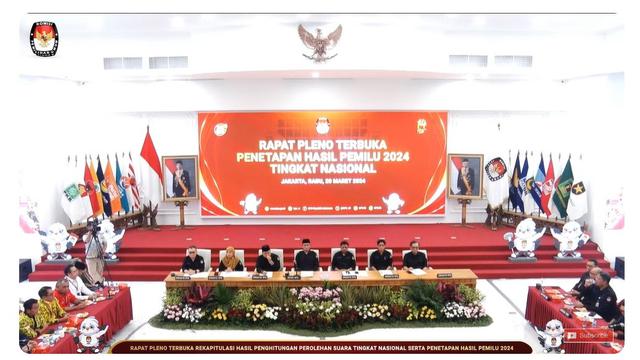 Komisi Pemilihan Umum Republik Indonesia (KPU RI) membacakan hasil rekapitulasi nasional Pemilihan Umum atau Pemilu 2024 pada Rabu (20/3/2024).