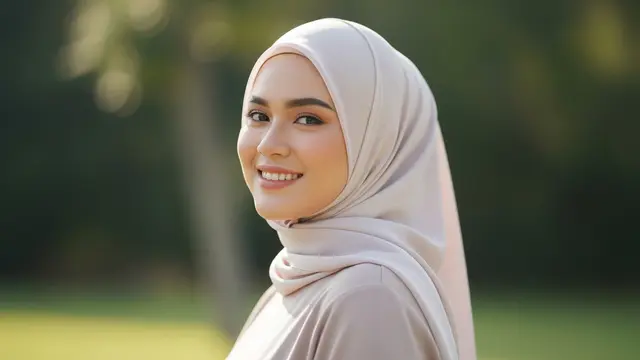 Styling hijab Lebaran yang cocok untuk wajah bulat agar terlihat tirus di foto/Gemini AI