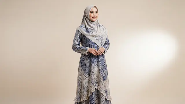 Gamis Batik Brokat Syar’i dengan Aksen Kerut atau Ruffle Halus