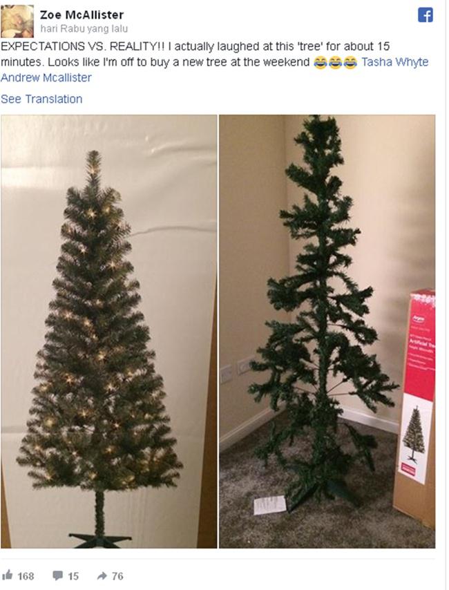 Perbedaan pohon Natal di ghambar iklan dengan yang diantar ke rumah Zoe | Photo: Copyright metro.co.uk