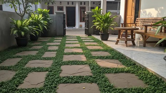 Teras dengan Tanaman Daun Kecil Rimbun, Sejuk di Musim Hujan dan Teduh saat Kemarau Model Teras Jalur Batu dengan Tanaman Sela