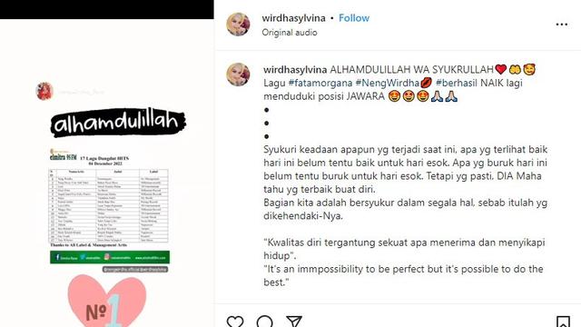 Tangkapan layar (screenshoot) daftar tangga lagu yang menempatkan single Fatamorgan yang dinyanyikan Neng Wirdha berada di tangga lagu teratas radio dangdut (https://www.instagram.com/p/Cl1SXBCpfSs/)