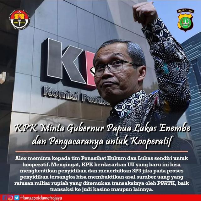 <p>Tangkapan layar akun Instagram Humas Polda Metro Jaya ikut memposting kasus dugaan korupsi Gubernur Papua Lukas Enembe yang ditangani KPK. (Istimewa)</p>