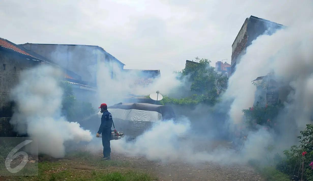 Petugas melakukan pengasapan (fogging) di kecamatan Kebayoran Baru, Jakarta, Sabtu (13/2). Fogging dilakukan guna mencegah wabah penyakit demam berdarah yang sering muncul pada musim hujan. (Liputan6.com/Gempur M Surya)