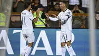 Cristiano Ronaldo berhasil mengukir brace saat Timnas Portugal membungkam Andorra dengan skor 5-0 pada laga perdana putaran pertama Grup F kualifikasi Piala Dunia 2026 zona Eropa,&nbsp;di Vazgen Sargsyan Republican Stadium, Sabtu (6/9/2025) malam WIB. (AP Photo/Hakob Berberyan).