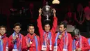 Namun beruntung Tim Merah Putih masih bisa menyanyikan lagu Indonesia Raya dan dapat kembali mengangkat trofi Piala Thomas 2020. (AP via Ritzau Scanpix/Claus Fisker)