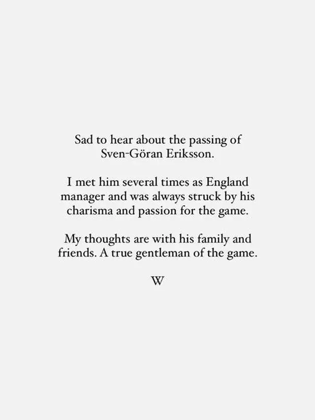Unggahan Pangeran William mengenai meninggalnya Sven-Goran Eriksson. (Instagram/ princeandprincessofwales)