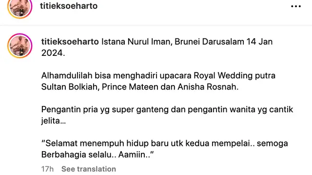 Unggahan Titiek Soeharto. (Foto: Dok. Instagram @titieksoeharto)