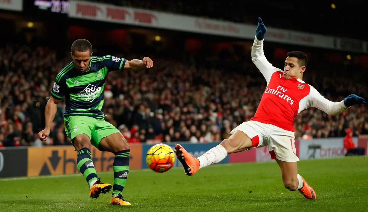 Gelandang Swansea City, Wayne Routledge (kiri) berusaha mengumpan bola dari kawalan penyerang Arsenal, Alexis Sanchez pada lanjutan liga Inggris di Stadion Emirates (2/3). Swansea menang atas Arsenal dengan skor 2-1. (Reuters/John Sibley)
