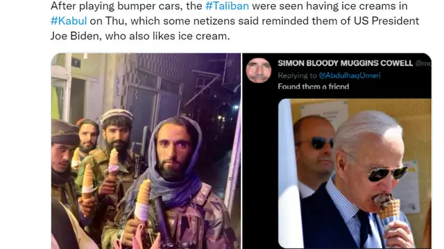 Media China, Global Times, menyandingkan foto Taliban dan Presiden AS Joe Biden makan es krim.
