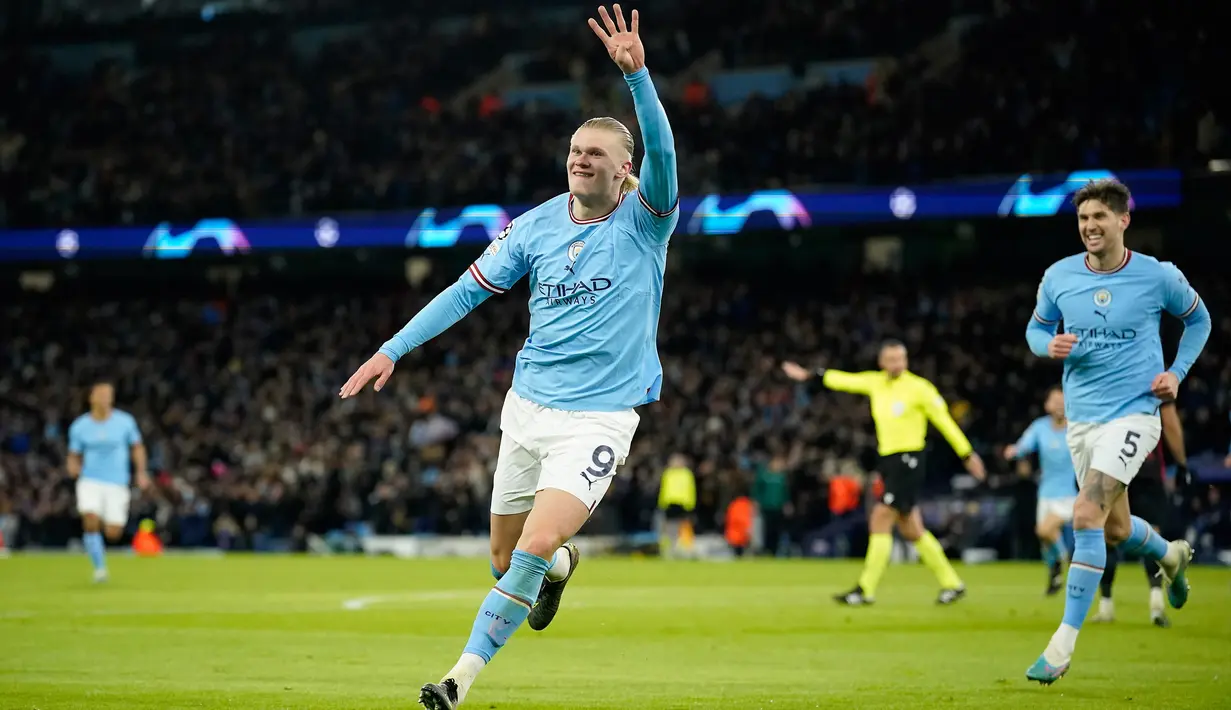 <p>Pemain Manchester City Erling Haaland melakukan selebrasi usai mencetak gol ke gawang RB Leipzig pada pertandingan sepak bola leg kedua babak 16 besar Liga Champions di Etihad Stadium, Manchester, Inggris, 14 Maret 2023. Erling Haaland mencetak lima gol dan menbawa Manchester City mengalahkan RB Leipzig dengan skor 7-0. (AP Photo/Dave Thompson)</p>