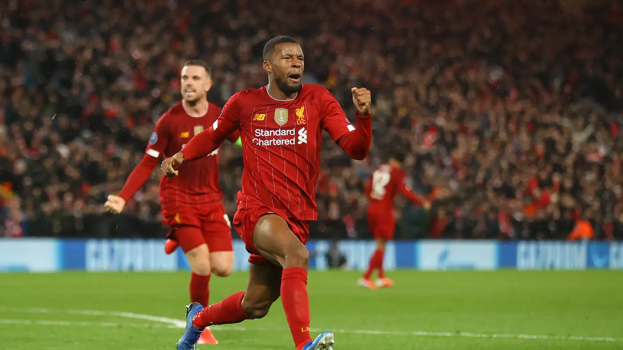 Gelandang Liverpool, Georginio Wijnaldum usai menjebol gawang Atletico Madrid