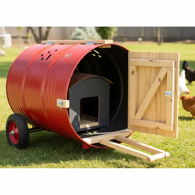 Kandang Ayam Portable dari Drum Bekas yang bisa Dipindah-pindah (Image by Gemini AI)