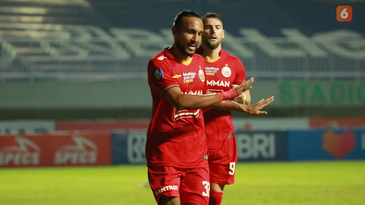Gelandang Persija Jakarta, Rohit Chand ketika mencetak gol ke gawang Persita Tangerang pada pekan kelima BRI Liga 1 2021/2022 di Stadion Pakansari, Kabupaten Bogor.