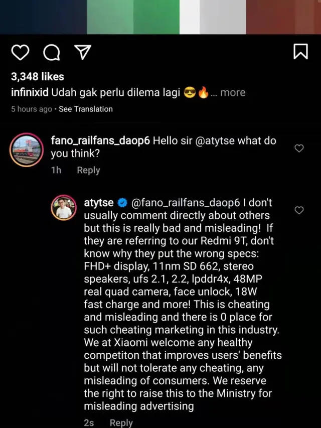 Komentar Alvin Tse di Unggahan Infinix