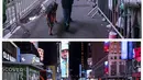 Dalam kombinasi foto petugas K-9 Departemen Kepolisian New York berjalan dengan anjingnya selama perayaan Malam Tahun Baru di sepanjang Seventh Avenue, di Times Square New York 31 Desember 2019. Di foto bawah, Seventh Avenue sebagian besar kosong pada 31 Desember 2020.  (AP Photo/Craig Ruttle)