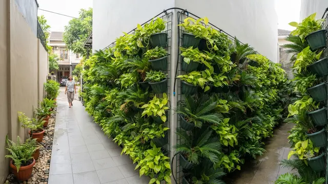 Ide Desain Rumah Rimbun untuk Perumahan Panas yang Teduh dan Tetap Rapi Nyaman Model Pembuatan Taman Vertikal di Dinding Lorong Sempit