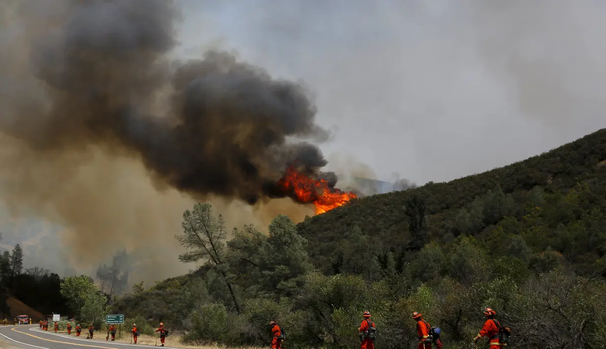Api berkobar di hutan kawasan California, AS, Senin (3/8/2015). Sedikitnya 9.000 petugas damkar berjuang mengatasi sebanyak 18 kebakaran hutan yang melanda Negara Bagian California, AS. (Reuters/ Stephen Lam) 