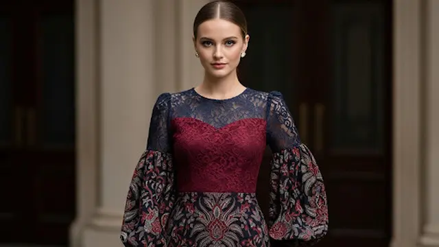 Midi Dress Batik dengan Aksen Brokat