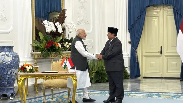 Presiden Prabowo Subianto saat menerima kunjungan kenegaraan Perdana Menteri (PM) Narendra Modi di Istana Merdeka Jakarta, Selasa (7/7/2026). (Liputan6.com/Lizsa Egeham)