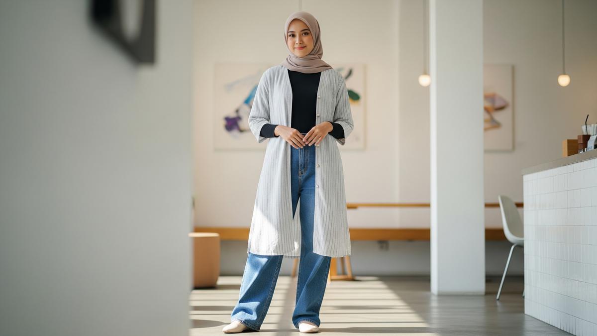 7 Inspirasi Padu Padan Busana Muslim dengan Baggy Jeans, Tampil Modis dan Nyaman