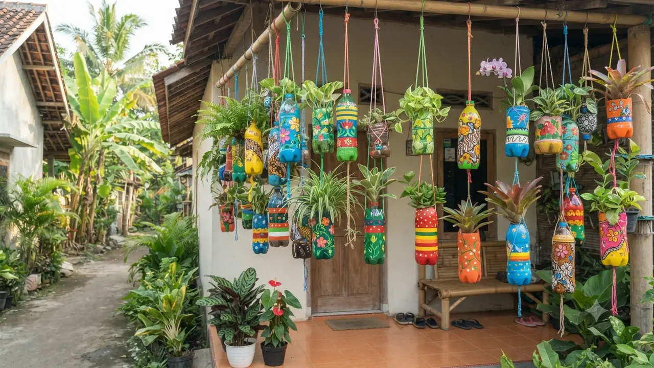 Pot Gantung dari Botol Plastik Model Dekoratif Warna Warni
