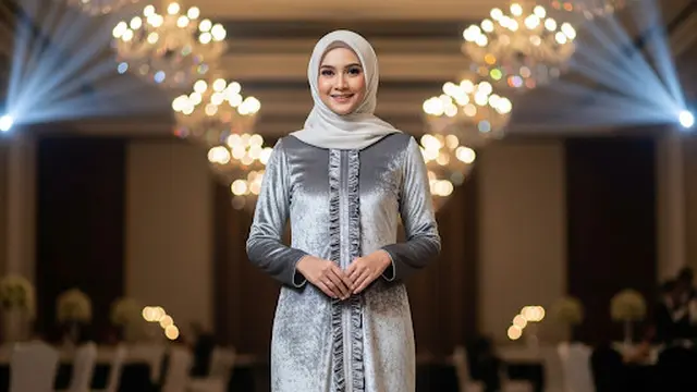 Dress Velvet Abu-Abu Silver dengan Detail Ruffle Depan
